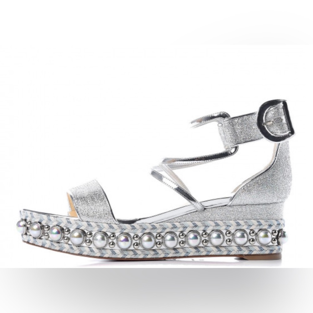 Christian Louboutin Silver Studded Pearl-Trim Wedge Sandals